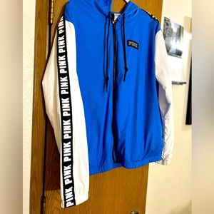 PINK zip up light weight blue and white jacket